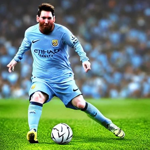 Prompt: messi playing in manchester city kit with pep guardiola, high - res photorealistic