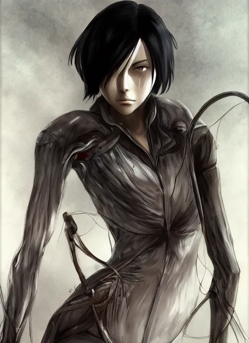 Image similar to Mikasa Ackerman, concept art, smooth matte, focused, illustration art style by Ian Spriggs and H R Giger