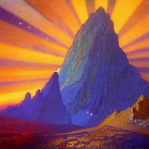 Prompt: the most joyful mountain in the world, astral, sublime, colorful, light shafts, dramatic light, by august malmstrom, russian painters, mucha, global illumination, pixar, rule of thirds, perfect composition.