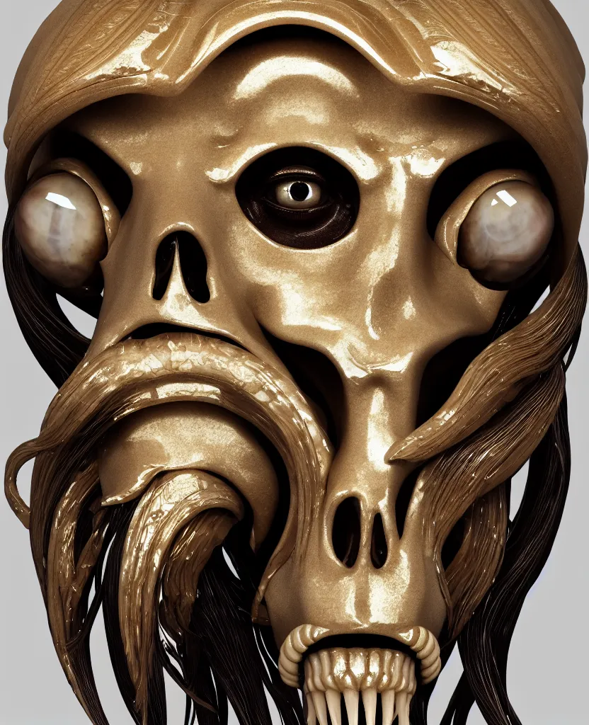 Image similar to goddess princess face close-up portrait ram skull. sculpture made of polished gold and matte obsidian. jellyfish phoenix head, nautilus, orchid, skull, betta fish, bioluminiscent creatures, intricate artwork by Tooth Wu and wlop and beeple. octane render, trending on artstation, greg rutkowski very coherent symmetrical artwork. cinematic, hyper realism, high detail, octane render, 8k