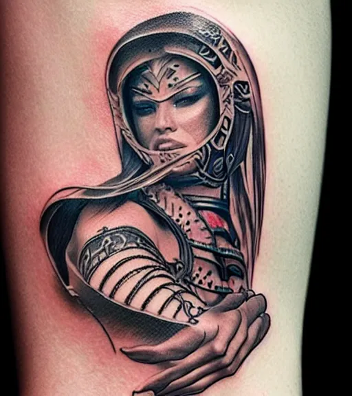 Image similar to tattoo design on white background of a beautiful girl warrior, hyper realistic, realism tattoo, by eliot kohek