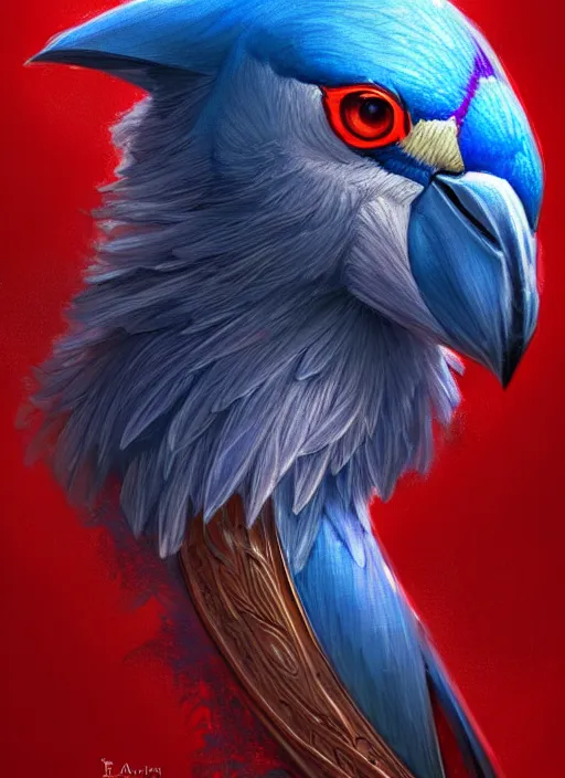 Image similar to portrait of aggressive pigeon, d & d, muscular! blue and red, fantasy, intricate, elegant, highly detailed, digital painting, artstation, concept art, smooth, sharp focus, illustration, art by artgerm and greg rutkowski and alphonse mucha