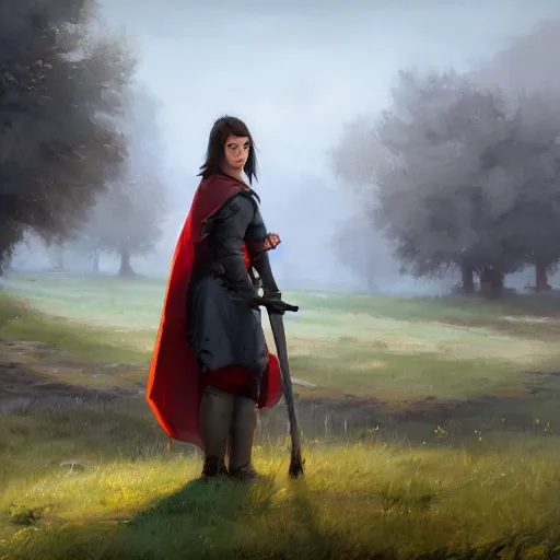 Prompt: a warrior girl with short black hair wearing a gray cloak and boots standing on a medieval fantasy meadow landscape, digital art, oil on canvas, by andreas rocha, trending on artstation, 4k wallpaper, vibrant colors