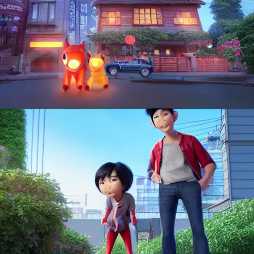 Prompt: hiro and tadashi hamada standing in front of their home in san fransokyo, pixar film, big hero 6, hyper detailed, digital art, trending in artstation, cinematic lighting, studio quality, smooth render, unreal engine 5 rendered, octane rendered