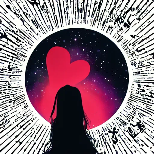 Image similar to a silhouette of a long haired woman, outer space, hearts, album art,