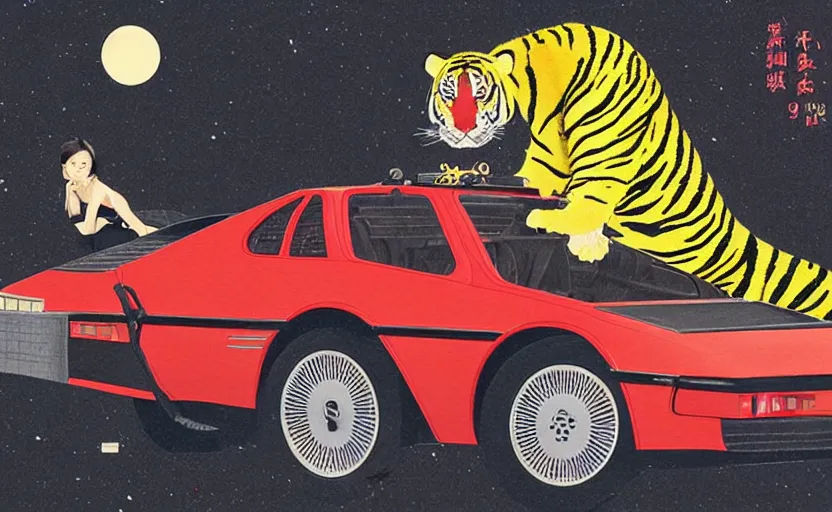 Image similar to a red delorean with a giant yellow tiger, art by hsiao - ron cheng and utagawa kunisada in a magazine collage, # de 9 5 f 0