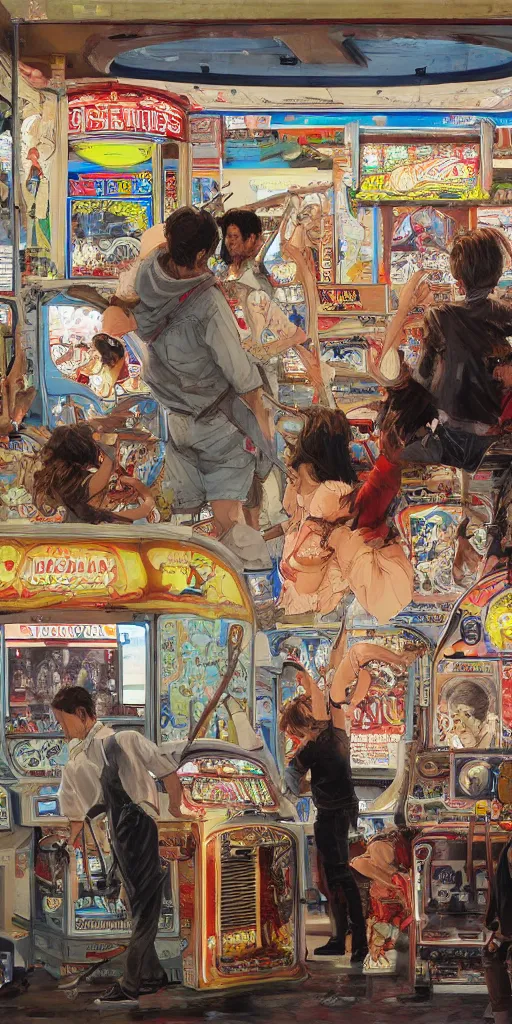 Image similar to oil painting scene from amusement arcade by kim jung gi