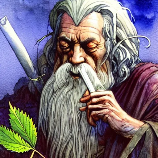 Prompt: a realistic and atmospheric watercolour fantasy character concept art portrait of gandalf with red eyes smoking a huge blunt looking at the camera with a marijuana leaf nearby by rebecca guay, michael kaluta, charles vess and jean moebius giraud