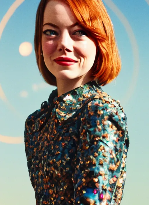 Prompt: young Emma Stone wearing a vintage Raypunk outfit, accurate anatomy, abstract sun in background, shiny soft skin, soft lighting, sharp details, warm colors, full body portrait, 35 mm film, subsurface scattering, lens flare