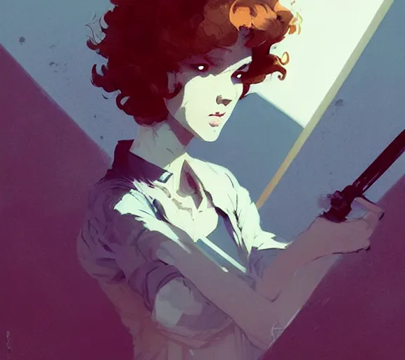 Image similar to portrait woman with short ginger curly hair on the duel with a men, by atey ghailan, by greg rutkowski, by greg tocchini, by james gilleard, by joe fenton, by kaethe butcher, by ashley wood, dynamic lighting, gradient light blue, brown, blonde cream and white color scheme, grunge aesthetic