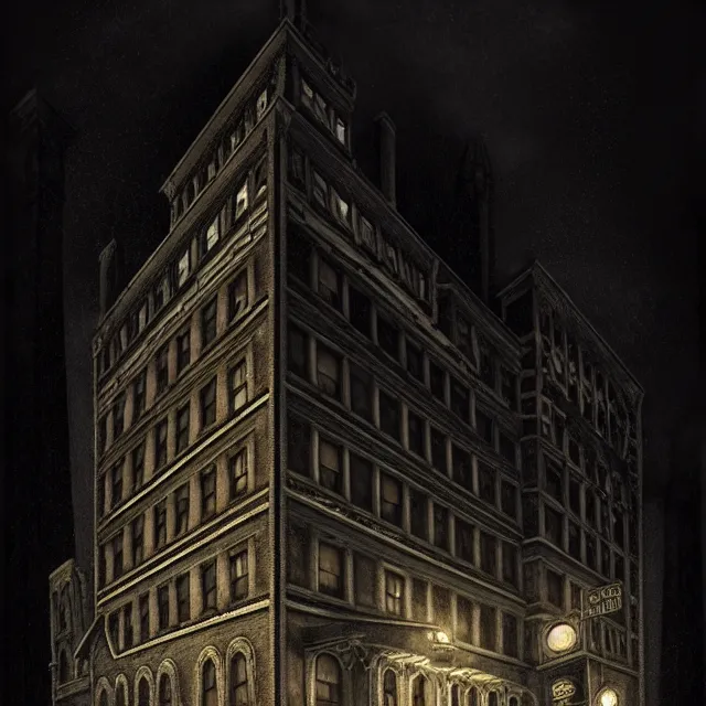 Prompt: photo of a haunted gothic hotel, 1920s boston overlooking a dark street, lovecraft, paul carrick, photorealistic, dark, atmospheric lighting, painted, intricate, ultra detailed by Leesha Hannigan, Thierry Doizon, Kai Carpenter, well composed, best on artstation, cgsociety, epic, stunning, gorgeous, intricate detail, wow, masterpiece