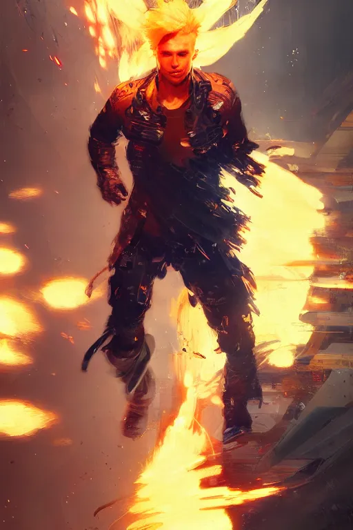 Image similar to character art by wadim kashin, young man, blonde hair, on fire, fire powers