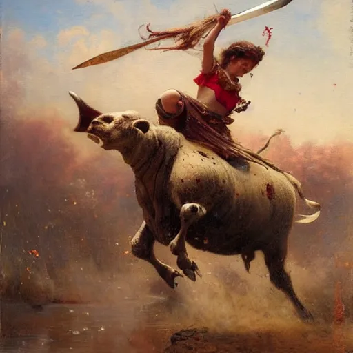 Image similar to a young girl defeating a bull with a sword, blood is splattering, highly detailed painting by gaston bussiere and j. c. leyendecker 8 k