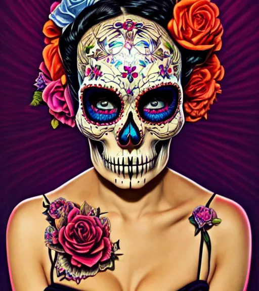 Prompt: a beautiful fancy skull lady by dan mumford and gil elvgren, sugar skull, hyperrealism, intricate details, studio lighting, glamorous