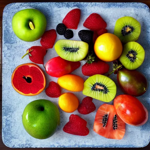 Prompt: a metal plate of cut fruit