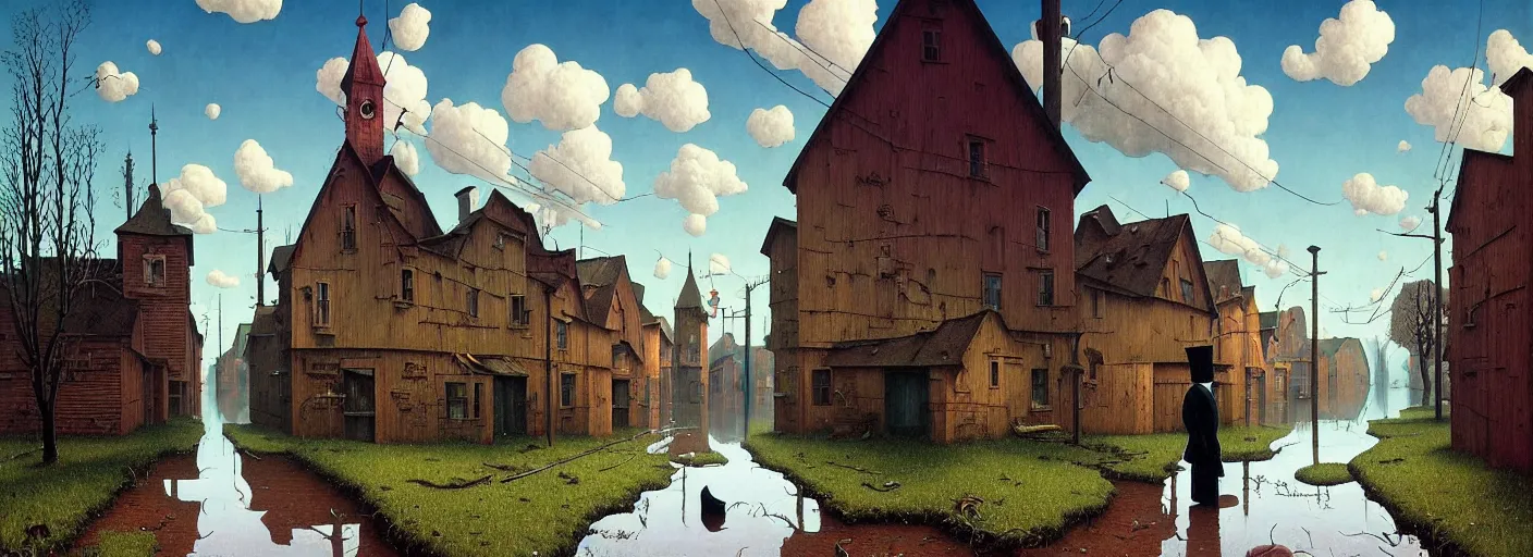 Image similar to flooded! old dark scary wooden empty cursed town street entrance, very coherent and colorful high contrast masterpiece by gediminas pranckevicius rene magritte norman rockwell franz sedlacek, full - length view, dark shadows, sunny day, hard lighting, reference sheet white background