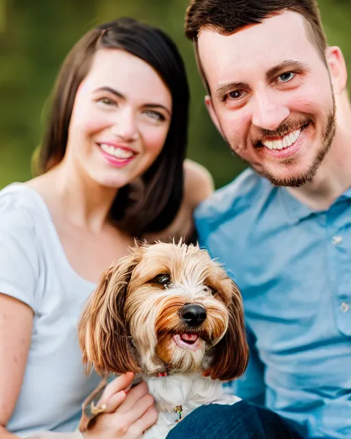 Prompt: An extremely wholesome studio portrait of a happy young couple with their dog, bokeh, 90mm, f/1.4