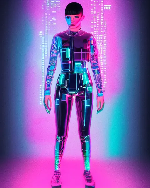 Prompt: full body shot of young punk woman dressed in futuristic cyberpunk clothing, colorful, night, soft light, bjork aesthetic, translucent, by rineke dijkstra and artgerm, intricate details, highly detailed, masterpiece, 8 5 mm
