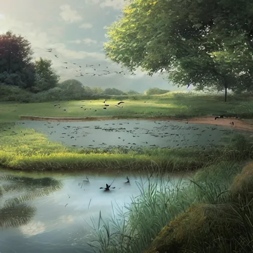 Image similar to swallows flying above a beautiful pond. Artwork, artstation, highly detailed