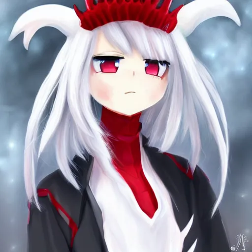 Image similar to white hair, red eyes, two small horn on the head, anime style, anime girl