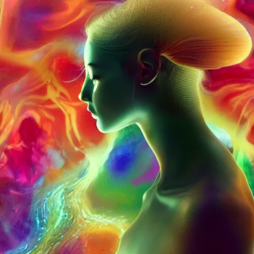 Prompt: A stunning young ethereal figure, delicately positioned and entwined in vibrant fluid hues, is being drawn into a blackhole, Fantasy, hyperrealism, 4k, volumetric lighting, three dimensions, spaghettification, a digitally transformed world, user interface design, 3D modeling, artstation, illustration, and transportation design. art by Andrew Chiampo, Frederik Heyman and Jonathan Zawada, 4k