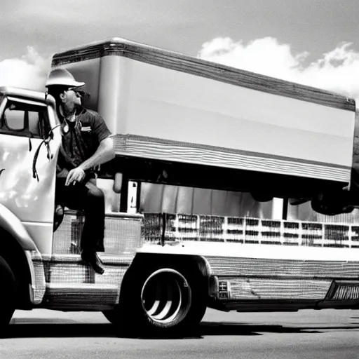 Image similar to 7 0's b - move scene the musical trucker, a trucker playing the saxophone inside his big rig as it drives off the side of a highway