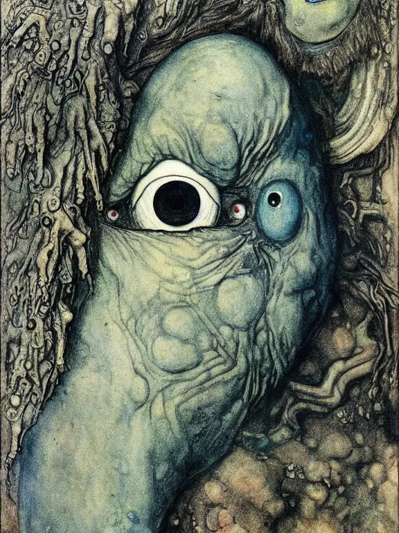 Image similar to one-eyed single-eyed blue-skinned Cyclops Polyphemus with one huge eye. Extremely high detail, details, realistic, solo, masterpiece, full-face portrait, colorful, art by Arthur Rackham, Muzinabu, Johann Tischbein, Zdzisław Beksiński