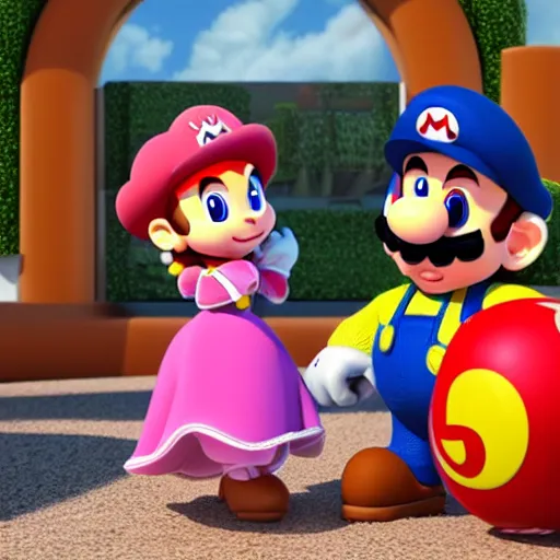 Image similar to super mario and hispanic princess peach spicy latina in pixar animated movie 4k octane render