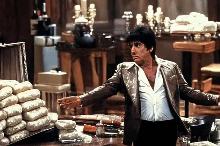 Image similar to tony montana from movie scarface 1 9 8 3 sitting behind a big black oak table with big large packages of flour. long shot. al pacino. perfect symmetric face, coherent eyes, fine details, 4 k, ron cobb. last scene from scarface movie