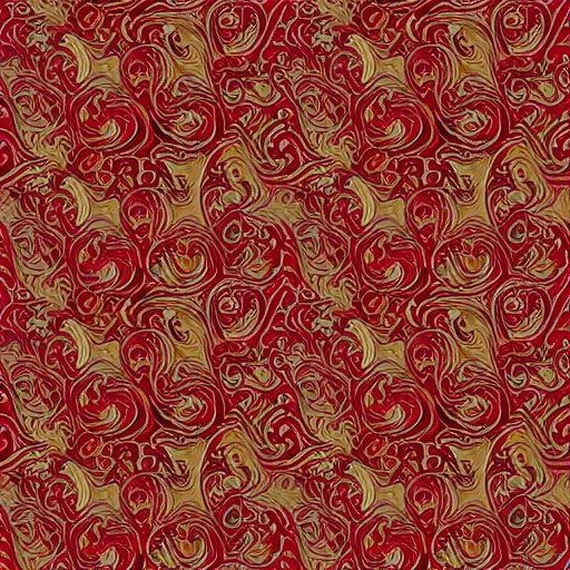 Prompt: red and gold ornamental filigree swirls, boken