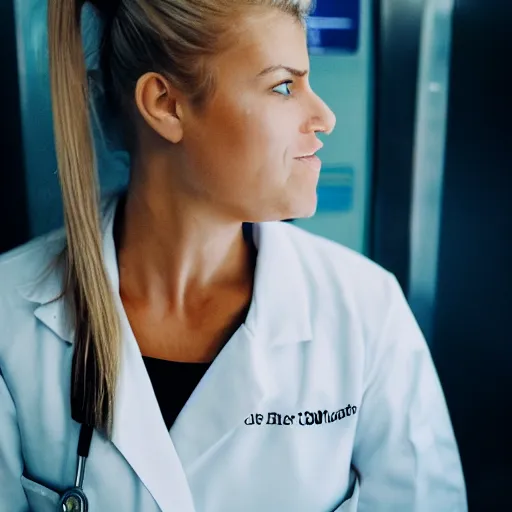 Prompt: full body profile of cute female nurse, blond hair. ponytail, white coat, in an elevator, elizabeth messina, tight focus, 4 5 mm