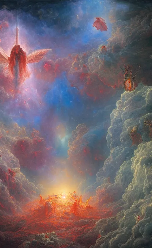 Prompt: hordes of demons and angels flying into a nebula portal in the sky, baroque architecture, detailed, vivid colors, masterpiece painting, octane render, volumetric lighting, cinematic, by gustave dore, by michelangelo, by beksinski