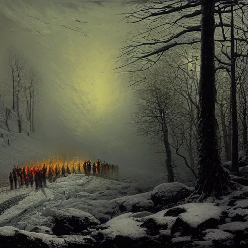 Image similar to a beautiful painting of group of climbers, extreme cold, storm, octane rendering, grim, dark, volumetric lightning, hyperrealism, no blur, 4 k resolution, ultra detailed, style of john atkinson grimshaw, ivan shishkin, tyler edlin, scott listfield, eric zener