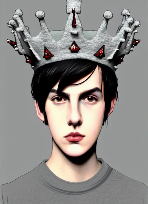 Image similar to portrait of teenage jughead jones wearing a light grey crown, photorealistic, crown made of fabric, crown, crown made of felt, black hair, intricate, elegant, highly detailed, digital painting, glowing lights, artstation, concept art, smooth, sharp focus, illustration, art by wlop, mars ravelo and greg rutkowski