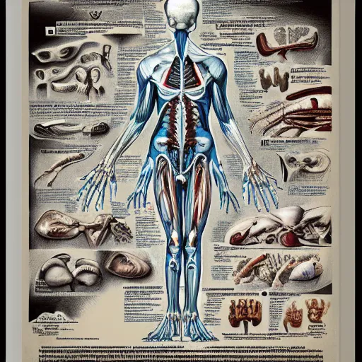 Prompt: medical anatomical study of a strange alien creature, poster art,