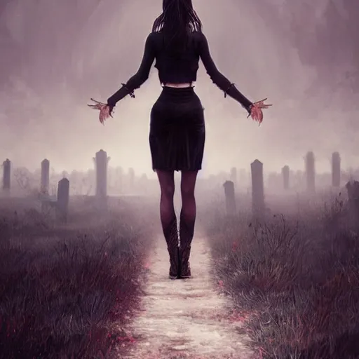 Image similar to teen girl kerli koiv mini skirt crop top standing in cemetery, gothic, darkwave, darksynth, concept art, sharp, digital matte painting, art by greg rutkowski, wlop, dramatic lighting, trending on artstation