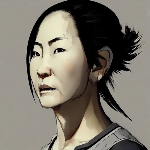 Image similar to portrait of a short muscular middle aged Japanese woman with a short ponytail wearing a gray t shirt and a work apron, dramatic lighting, illustration by Greg rutkowski, yoji shinkawa, 4k, digital art, concept art, trending on artstation