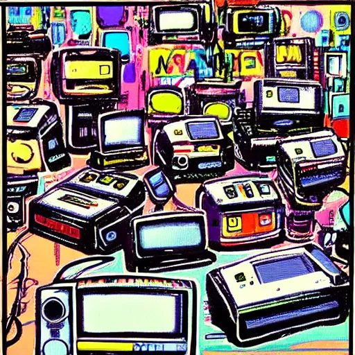 Image similar to array of crt televisions, tv static, blob, technology, antenna, stacked, junkyard, polaroid, steroids, adult video store, impressionist painting, painting, acrylic painting, cell shaded, by andy warhol