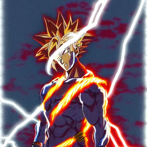 Image similar to jesus Christ as super saiyan, lightning in the sky, glowing, highly detailed, anime