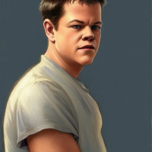 Prompt: Young Matt Damon, highly detailed, digital painting, artstation, concept art, smooth, sharp focus, illustration, ArtStation, art by artgerm and greg rutkowski and alphonse mucha and J. C. Leyendecker and Edmund Blair Leighton and Katsuhiro Otomo and Geof Darrow and Phil hale and Ashley wood and Ilya repin and Charlie Bowater