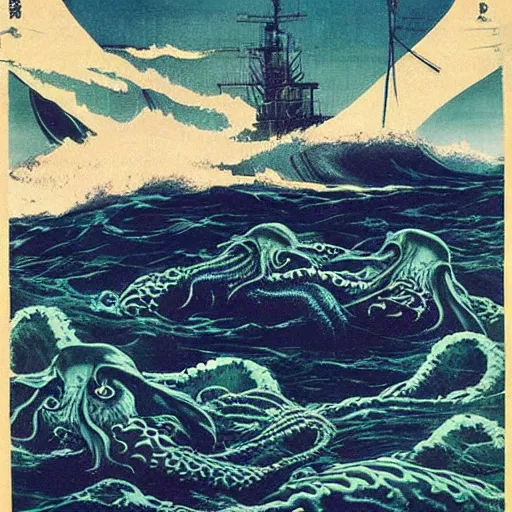 Image similar to cthulhu attack ship in ocean, old japanese poster