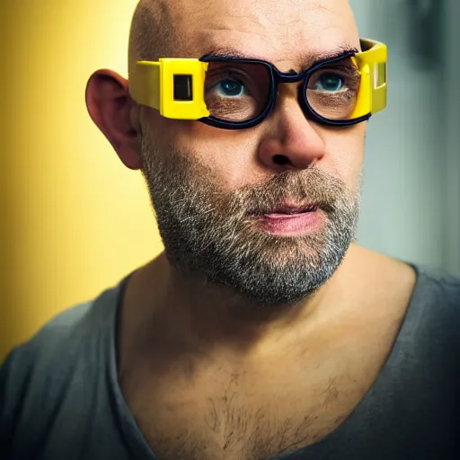 Image similar to portrait photo of a yellow skinned bald wrinkly man with stubble wearing thick round goggles and big hazel eyes, he looks like a human minion hybrid, moody lighting, realistic facial features, hyper detailed, crisp image, leica, 2 4 mm lens