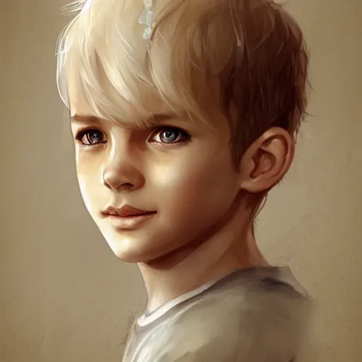 Image similar to young boy, blonde hair, happy eyes, smile, gorgeous, amazing, delicate, elegant, intricate, highly detailed, watercolor, portrait, artstation, concept art, sharp focus, illustration, art by charlie bowater and Ross tran