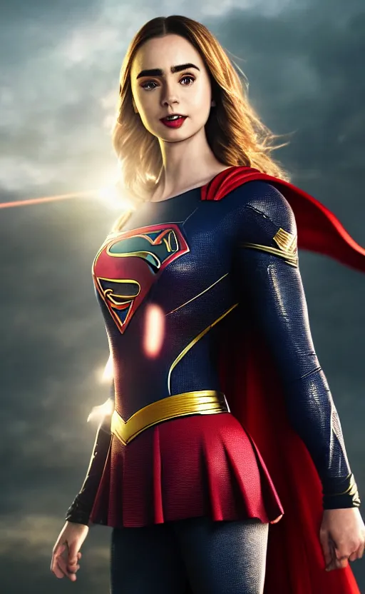 Image similar to a potrait of Lily Collins as Supergirl with man of steel suit style and full armour by Zack Snyder, 8k photorealistic, cinematic lighting, HD, high details, dramatic, trending on artstation, view from above