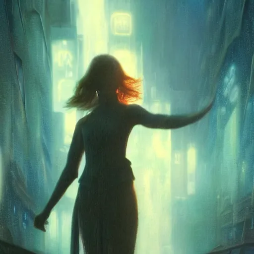 Prompt: silhouette of Elle Fanning in the world of Bruce Pennington, stormy weather, extremely detailed masterpiece, oil on canvas, low-key neon lighting, artstation, Blade Runner 2049, Roger Deakin’s cinematography, by J. C. Leyendecker and Peter Paul Rubens,