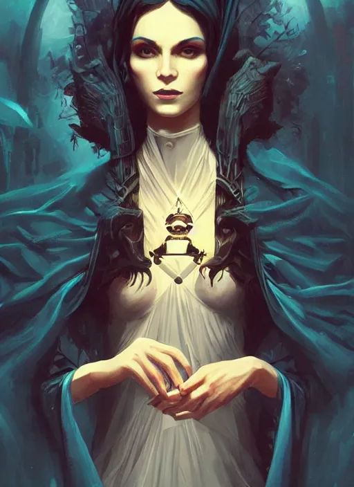 Image similar to tarot!!, high priestess, no noise, elegant, concept art, sharp focus, beautiful face!!, digital art, smooth defined outlines!!, human anatomy, human structure, vector background, dark fantasy, by Brom, trending on Artstation, Tom Bagshaw, Sargent