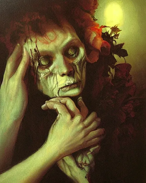 Prompt: a beautiful and eerie baroque painting of a beautiful but sinister man in layers of fear, with haunted eyes, 1 9 7 0 s, seventies, floral wallpaper, wilted flowers, a little blood, morning light showing injuries, delicate embellishments, painterly, offset printing technique, by brom, robert henri, walter popp