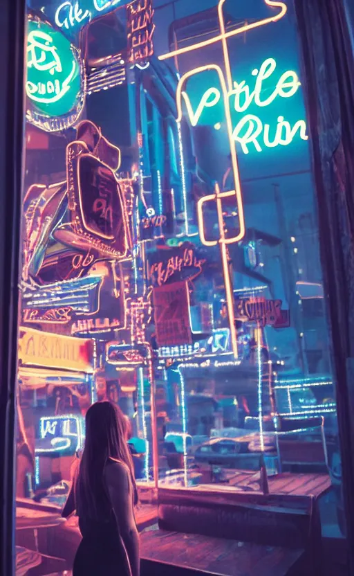 Image similar to vertical movie frame portrait of girl in 5 0's retro restaurant interior, neon - decorated urban on night in the city seen through the window, modern interior design, architectural design, vintage, night blade runner, dark, postapocalyptic, clean lines, 4 k, octane, lunarcore city at distance, big windows, octane, wide angle