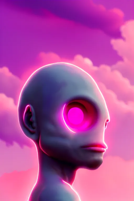 Prompt: a cyclops like creature, pink summer sky with grey clouds + lighting bolt!!!, transcendent, vibrant color, clean linework, finely detailed, 4 k, award - winning, rule of thirds, trending on artstation, photorealistic, volumetric lighting, octane render