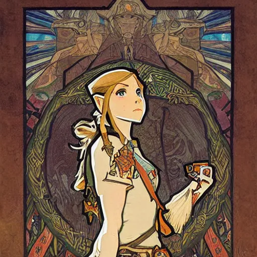 Image similar to a painting of The Legend of Zelda: Breath of the wild by mucha